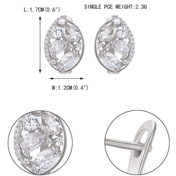 Silver with White Diamond Cubic Zirconia Post French Clip Oval Drop Earrings
